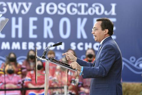 Principal Chief of the Cherokee Nation Chuck Hoskin Jr. speaks at the Cherokee Immersion School on Dec. 3, 2021, in Tahlequah, Okla.
              AP Photo/Michael Woods