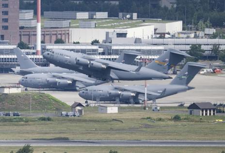 A U.S. Air Force C-17 Globemaster transport plane takes off from Ramstein Air Base in Germany on June 23, 2025.
              Boris Roessler/Picture Alliance via Getty Images