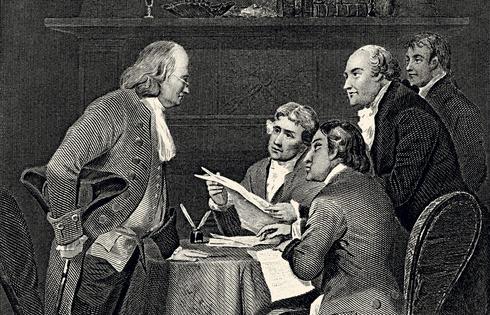 The men responsible for producing the Declaration of Independence, known as the Committee of Five, were, left to right: Benjamin Franklin, Thomas Jefferson, Roger Sherman, John Adams and Robert R. Livingston. Vintage etching circa late 19th century, digital restoration by Pictore via Getty Images