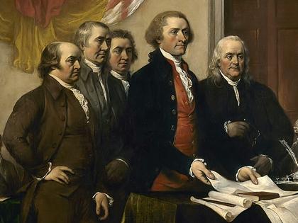 The Committee of Five – left to right: John Adams, Roger Sherman, Robert Livingston, Thomas Jefferson, Benjamin Franklin – presenting their draft of the Declaration of Independence to the Second Continental Congress in Philadelphia.
Detail from John Trumbull's 1818 painting in the U.S. Capitol, via Wikipedia
