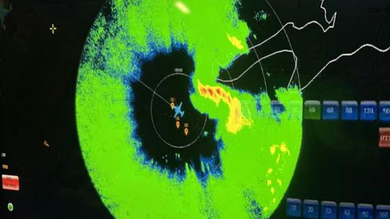 A radar display shows NOAA’s Miss Piggy hurricane hunter aircraft in the center of Tropical Storm Idalia on Aug. 28, 2023.
Nick Underwood/NOAA