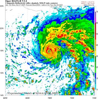 A HAFS radar forecast shows Hurricane Melissa as it approaches Jamaica in October 2025. The HAFS model performed well in forecasting the intensification and extreme strength of the Category 5 storm in the days leading up to its landfall in Jamaica.
NOAA/AOML/HRD