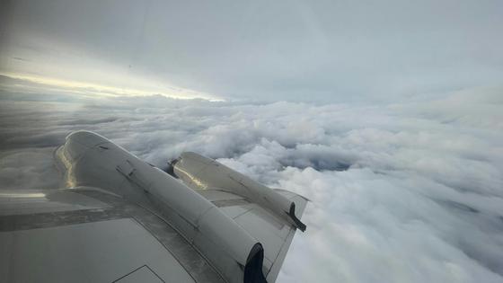 One of NOAA's WP-3D Orion hurricane hunters, dubbed Miss Piggy, flies over Tropical Storm Idalia on Aug. 28, 2023. Nick Underwood/NOAA