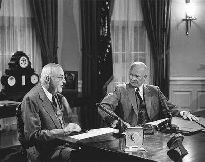 Secretary of State John Foster Dulles, left, and President Dwight Eisenhower discuss the nationalization of the Suez Canal by the Egyptian government in August 1956 at the White House.
Abbie Rowe/PhotoQuest via Getty Images