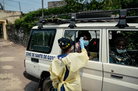A visitor has their temperature checked at a checkpoint before entering Kyeshero Hospital in Goma, Congo, on May 18, 2026.
Jospin Mwisha/AFP via Getty Images