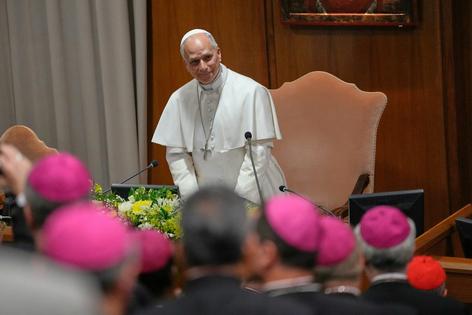 Pope Leo XIV attends the presentation of his first encyclical, Magnifica Humanitas, at the Vatican on May 25, 2026. AP Photo/Alessandra Tarantino