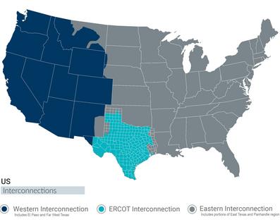 There are few links between the U.S. Eastern, Western and ERCOT interconnections.
              ERCOT