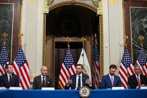 WASHINGTON, DC - MAY 26: U.S. Vice President JD Vance (C) is joined by (L-R) Assistant Attorney General for the Department of Justice's National Fraud Enforcement Division Colin McDonald, White House Deputy Chief of Staff and Homeland Security Advisor Stephen Miller, Federal Trade Commission (FTC) Chair Andrew Ferguson and Executive Director of White House Task Force to Eliminate Fraud Scott Brady as he speaks during a roundtable discussion in the Eisenhower Executive Office Building on the White House Campus on May 26, 2026 in Washington, DC. Vance is hosting a roundtable on anti-fraud initiatives with Federal Trade Commission (FTC) Chair Andrew Ferguson and state attorneys general. (Photo by Andrew Harnik/Getty Images)