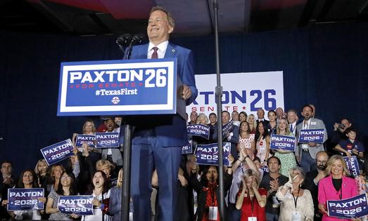 Attorney General Ken Paxton speaks at an election night watch party held by the Lone Star Liberty PAC at the Dallas/Plano Marriott at Legacy Town Center on May 26, 2026 in Plano, Texas. Paxton defeated Sen. John Cornyn (R-TX) in a Senate primary runoff election and will face Democrat James Talarico in the November general election. (Stewart F. House/Getty Images/TCA)