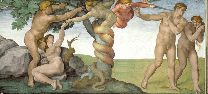 <strong>Original sin and expuslion from Eden. The Original Sin of Adam and Eve and their expulsion from Paradise is a fresco (280x570 cm) of Michelangelo Buonarroti, dated to about 1510 and is part of the decoration of the Sistine Chapel, the Vatican Museums in Rome, commissioned by Pope Julius II.</strong>. Dreamstime/TCA
