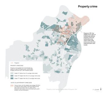 While financial institutions also commit property crimes (red hashmarks) through subprime mortgages, these are rarely included in property crime maps that typically only highlight property and vehicle theft, burglary and arson.
              Patty Heyda/Radical Atlas of Ferguson, USA via Belt Publishing