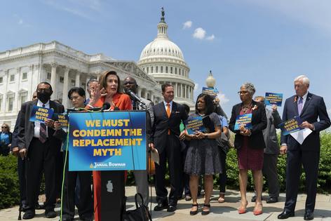 House Speaker Nancy Pelosi speaks on Capitol Hill on June 8, 2022, about a resolution condemning the great replacement theory. AP Photo/Manuel Balce Ceneta