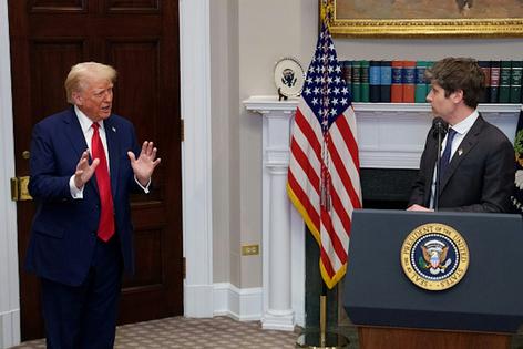 President Donald Trump and OpenAI CEO Sam Altman speak during a Jan. 21, 2025, news conference during which Trump announced an investment in AI infrastructure.
              Andrew Harnik/Getty Images