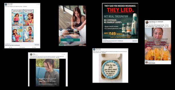 A collage of weight loss drug advertisements on social media from telehealth companies. In recent months/KFF Health News/TNS