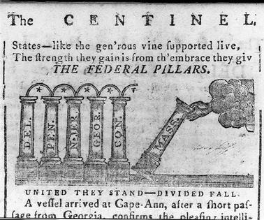 An early Federalist political cartoon from the Massachusetts Centinel, Jan. 16, 1788, in which the standing pillars are states that have ratified the Constitution.
Library of Congress