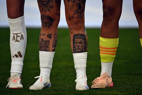 A tattoo of Portuguese player Cristiano Ronaldo on the leg of Argentina women’s team captain Yamila Rodriguez ahead of a match against Uruguay in Montevideo, Uruguay, on Oct. 28, 2025.
Eitan Abramovich/ AFP via Getty Images