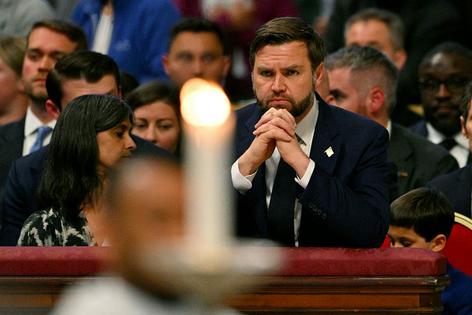 U.S. Vice President JD Vance and his wife, Usha Vance, attend services at St. Peter’s Basilica in the Vatican on Good Friday, April 18, 2025.
Andreas Solaro/AFP via Getty Images
