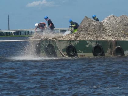 Workers aboard a barge laden with 680 bushels of clam and oyster shells use high-pressure hoses to blast them into the Mullica River in Port Republic, N.J. The shells are collected from restaurants in Atlantic City, dried and placed into the river, where they become the foundation for new oyster colonies as free-floating baby oysters attach to them and start to grow.
AP Photo/Wayne Parry