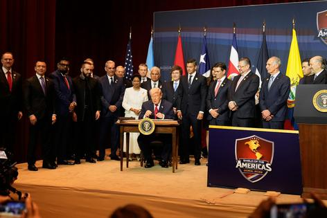 President Donald Trump signs a proclamation committing the U.S. to countering cartel criminal activity on March 7, 2026, in Doral, Fla.
              AP Photo / Mark Schiefelbein