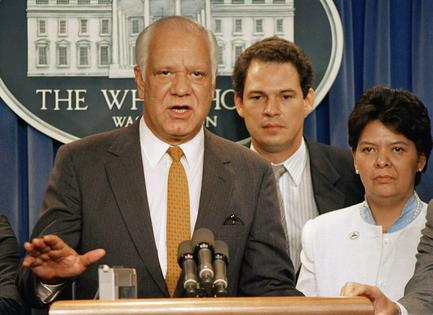 Contra leaders Adolfo Calero, left, with Pedro Joaquin Chamorro and Mario Azucena Ferrey, talk with reporters in 1987 in the White House briefing room after a meeting with President Ronald Reagan.
AP Photo / Scott Stewart