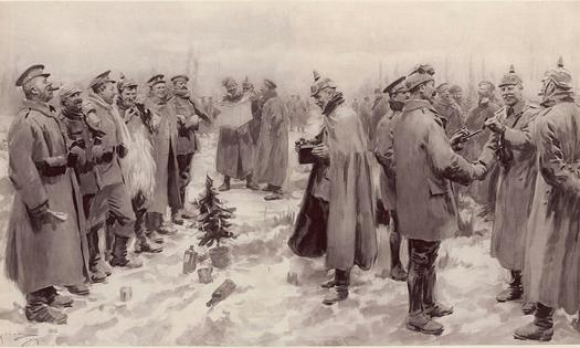 Officers and men from the German and British trenches meet and greet one another during the 1914 Christmas truce.
The Guardian, originally published in The Illustrated London News, January 9, 1915, Author A. C. Michael via Wikimedia Commons