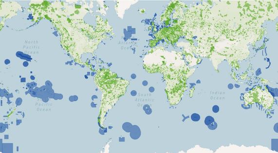 The World Database on Protected Areas maps both land and marine protected areas around the world. Marine protected areas are in blue.
World Database on Protected Areas
