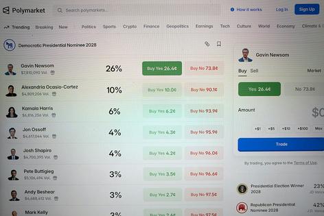 People wager on potential Democratic presidential candidates on the predictions market site Polymarket on Feb. 25, 2026.  Scott Olson/Getty Images
