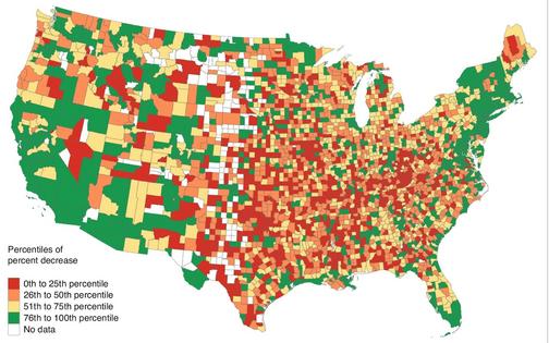 Counties in the middle of the U.S. had the lowest decreases in cancer mortality.
              Cosby et al/British Journal of Cancer, CC BY-SA