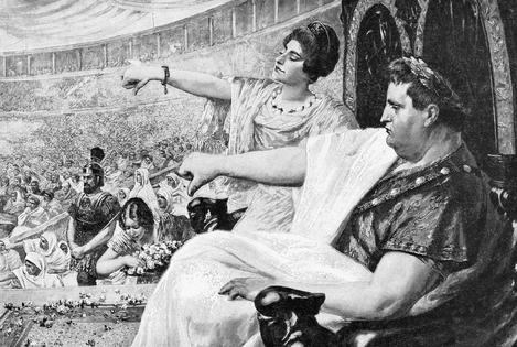 ‘Thumbs down’: Roman Emperor Nero in the arena dooming a gladiator who has to reenter the fight.
Illustration: Bettman/Getty Images