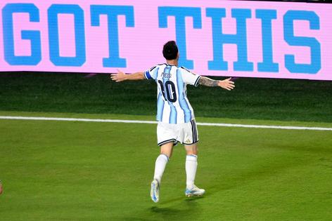Argentina captain Lionel Messi celebrates his country’s 3-0 win over Algeria on June 16, 2026.
              AP Photo/Reed Hoffmann