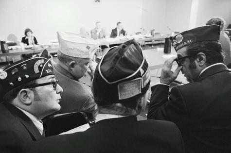 Legionnaires wait to testify before a special congressional inquiry in November 1976 into the cause of the mysterious disease. Bettmann/Bettman Collection via Getty Images