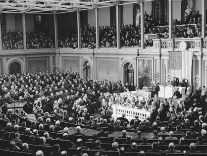 President Franklin D. Roosevelt addresses a joint session of Congress on Dec. 8, 1941, asking for a declaration of war against the Japanese empire. Within a half-hour after he spoke, the war was declared by both houses.
Bettman/Getty Images
