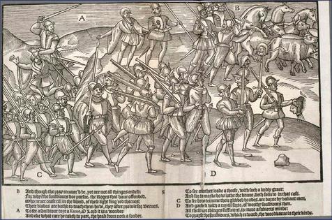 A plate from ‘The Image of Irelande’ by John Derrick, published in 1581, shows English soldiers during the Tudor conquest of Ireland.
Edinburgh University Library via Wikimedia Commons