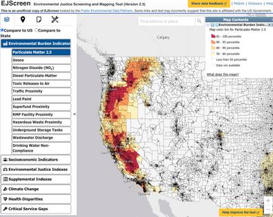 Mapping pollution by specific location can identify people and places that may need more or less attention than others. Note: Data depicted is not current.
              EJScreen v2.3 hosted by the Public Environmental Data Partners