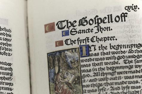 The first verses of the Gospel of John, from a facsimile edition of William Tyndale's 1525 English translation of the New Testament. Kevin Rawlings/Flickr via Wikimedia Commons, CC BY