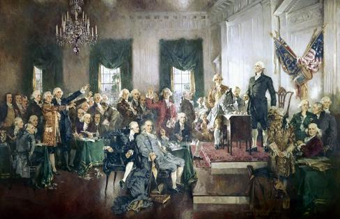 This painting depicts the Constitutional Convention in 1787. The Founding Fathers leaned on French philosopher Montesquieu as they designed the Constitution. GraphicaArtis/Archive Photos via Getty
