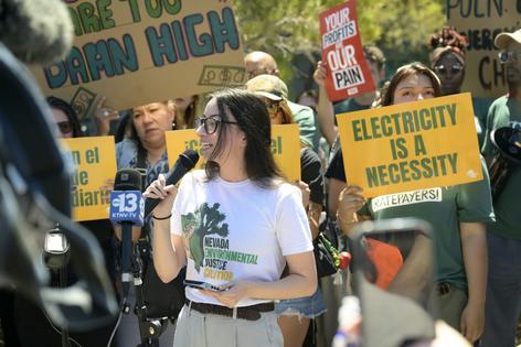 Demonstrators call on the Public Utilities Commission of Nevada to protect consumers’ rights in electricity rate proceedings.
              Bryan Steffy/Getty Images for People's Action
