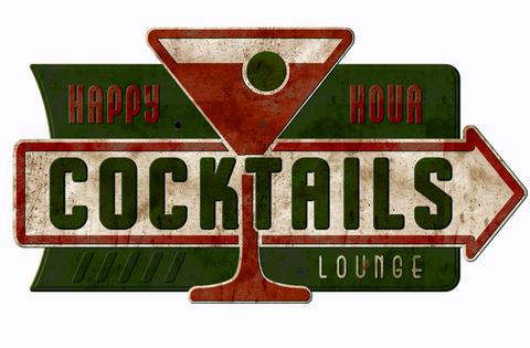 Vintage Cocktail Lounge Sign Happy Hour Cocktails Tin Metal Antique Bar Grill Martini Party. Dreamstime/TCA