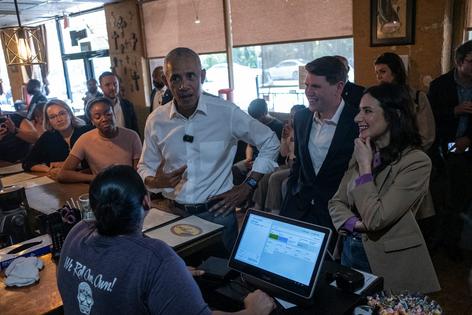 From left, former President Barack Obama, Texas Democratic Senate candidate Rep. James Talarico and Texas Democratic gubernatorial candidate Gina Hinojosa visit the Taco Joint in Austin in May 2026. Talarico’s order – potato, egg and cheese tacos – drew ridicule from Republicans, feeding vegetarian and vegan attack lines that he denies.
AP Photo/Joel Angel Juarez, Pool