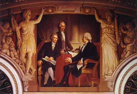 Thomas Jefferson and Alexander Hamilton appear alongside George Washington in an old painting.
MPI/Getty Images