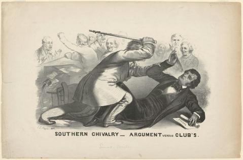In John Magee’s print, Preston Brooks wields a cane against Charles Sumner, who is clutching a pen and a rolled-up speech. John L. Magee, The New York Public Library