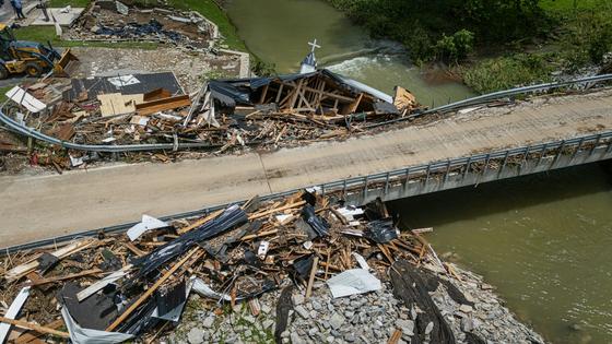 Fast-moving floodwater from a storm damaged bridges and homes and broke apart Million Bible Church in Richmond, Ky., in late June 2026. Jon Cherry/Getty Images