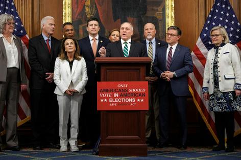 Republican House Majority Leader Steve Scalise speaks to reporters about the SAVE America Act in February 2026.
Tom Brenner/AP Photo