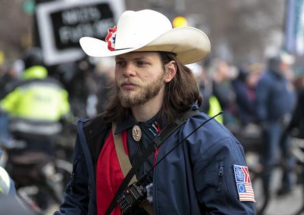 Patriot Front founder Thomas Ryan Rousseau leads his group as they march with anti-abortion activists during the 49th annual March for Life rally on Jan. 21, 2022, in Washington, D.C. (Anna Moneymaker/Getty Images/TNS)