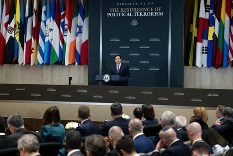 Secretary of State Marco Rubio speaks during the political terrorism conference on July 16, 2026, in Washington.  Brendan Smialowski / AFP via Getty Images
