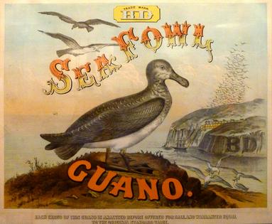 An advertisement for guano to be used as fertilizer depicts not only seabirds but also a guano island. Bradley Fertilizer Company via Garden History