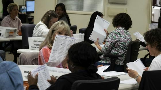 Workers in the vote-by-mail processing area at the Orange County Registrar of Voters in Santa Ana, Calif., on May 27, 2026.   Paul Bersebach/MediaNews Group/Orange County Register via Getty Images