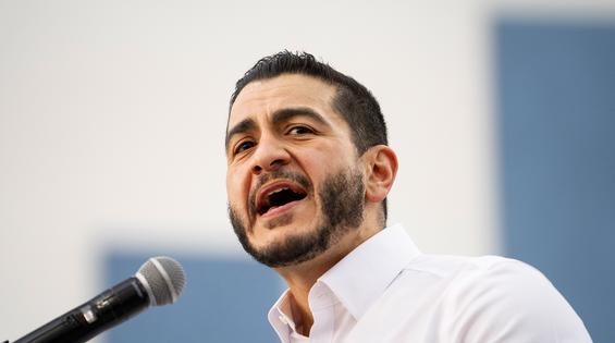 Abdul El-Sayed, candidate for US Senate in Michigan, speaks before U.S. Sen. Bernie Sanders (I-VT) takes the stage at Mumford High School on May 3, 2026, in Detroit, Michigan. Sanders is visiting the midwest on his Fighting Oligarchy: Where We Go From Here tour. (Sarah Rice/Getty Images/TNS)