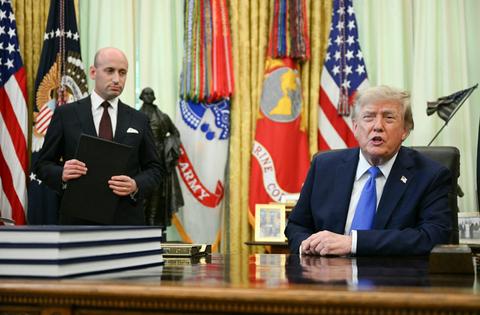 White House Deputy Chief of Staff Stephen Miller holds an executive order on birthright citizenship as President Donald Trump speaks before signing it at the White House on Aug. 6, 2026.  Jim Watson/AFP via Getty Images