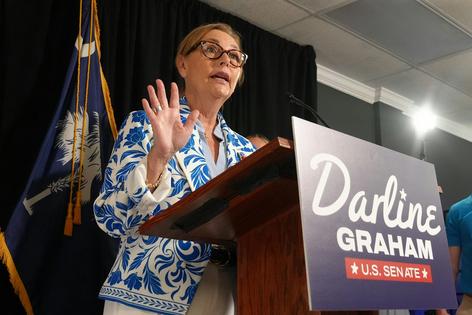 Sen. Darline Graham speaks with reporters on Aug. 11, 2026, after advancing to a special GOP Senate primary runoff to replace Sen. Lindsey Graham.
              AP Photo/Meg Kinnard